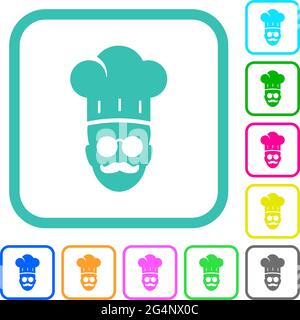 master chef with glasses and mustache vivid colored flat icons in curved borders on white background Stock Vector