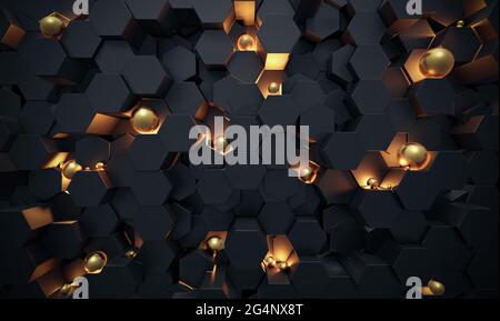 Abstract 3D Dark hexagon wallpaper or background with golden sphere lightened by yellow light Stock Photo