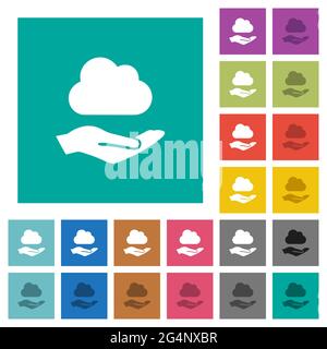 Cloud services multi colored flat icons on plain square backgrounds. Included white and darker icon variations for hover or active effects. Stock Vector