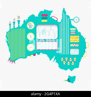 Map of Australia like a cute machine with buttons, panels and levers. Isolated. White background. Stock Vector