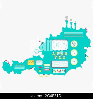 Map of Austria like a cute machine with buttons, panels and levers. Isolated. White background. Stock Vector