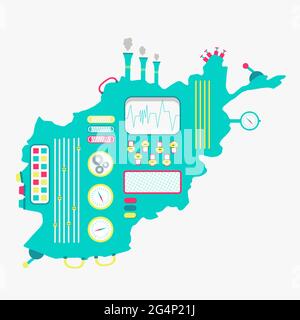 Map of Afghanistan like a cute machine with buttons, panels and levers. Isolated. White background. Stock Vector
