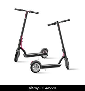 Black electric kick scooter on white background realistic vector illustration. Stock Vector