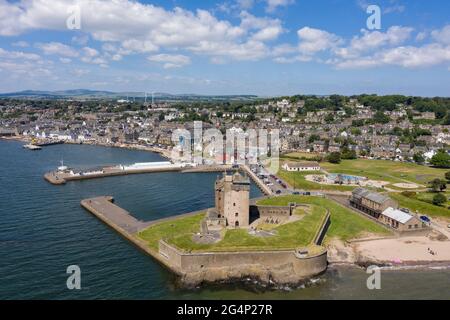 Aerial view of Broughty Ferry and Broughty Castle, Scotland.