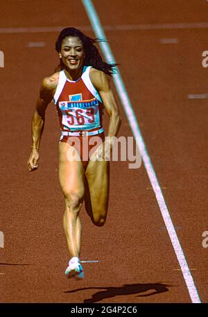 Florence Griffith Joyner (USA)  wins the gold medal in the Women's 100m Final at the 1988 Olympic Summer Games. Stock Photo