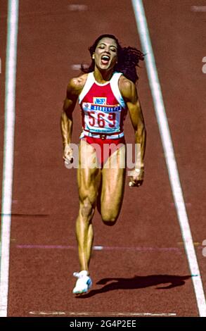 Florence Griffith Joyner (USA)  wins the gold medal in the Women's 100m Final at the 1988 Olympic Summer Games. Stock Photo