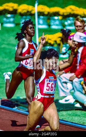 Florence Griffith Joyner (USA)  wins the gold medal in the Women's 100m Final at the 1988 Olympic Summer Games. Stock Photo