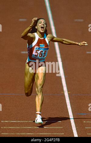 Florence Griffith Joyner (USA)  wins the gold medal in the Women's 100m Final at the 1988 Olympic Summer Games. Stock Photo