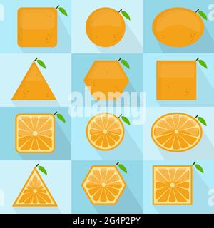 Orange in different geometric shapes. It can be used as icons. Interior and exterior of the fruit. With long shadows. Stock Vector