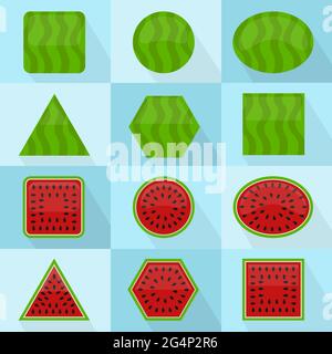 Watermelon in different geometric shapes. It can be used as icons. Interior and exterior of the fruit. With long shadows. Stock Vector
