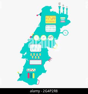 Map of Portugal like a cute machine with buttons, panels and levers. Isolated. White background. Stock Vector