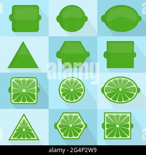 Lime in different geometric shapes. It can be used as icons. Interior and exterior of the fruit. With long shadows. Stock Vector