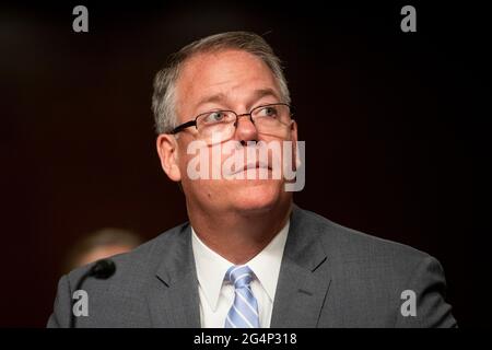 Washington, United States Of America. 22nd June, 2021. Thomas Harker, Acting Secretary of the Navy, appears before a Senate Committee on Armed Services hearing to examine the posture of the Department of the Navy in review of the Defense Authorization Request for fiscal year 2022 and the Future Years Defense Program, in the Dirksen Senate Office Building in Washington, DC, Tuesday, June 22, 2021. Credit: Rod Lamkey/CNP/Sipa USA Credit: Sipa USA/Alamy Live News Stock Photo