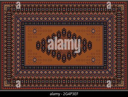 Vintage carpet with motley ornaments in brown and burgundy tones with blue, beige and pink patterns around the edges  and center on a white background Stock Vector