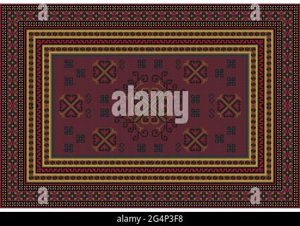 Vintage burgundy carpet with blue, red, beige patterns and brown swirling patterns in the center on a white background Stock Vector