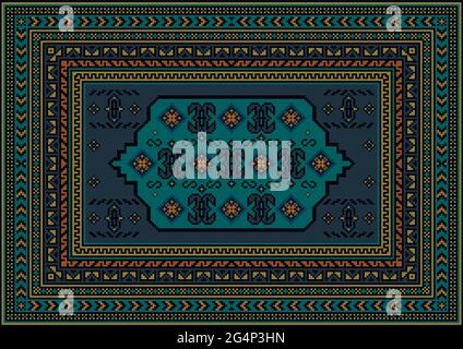 Vintage carpet with oriental ornaments in blue tones with yellow, beige and brown patterns on a black background Stock Vector
