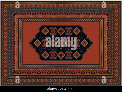 Vintage carpet with oriental ornaments in dark orange tones with  grey, beige and brown patterns on a white background Stock Vector