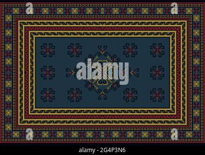 Vintage blue carpet with red, beige patterns and dark blue swirling patterns in the center on a black background Stock Vector