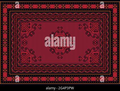 Vintage carpet in red tones with a delicate swirling pattern in the center, as well as red, pink and burgundy patterns along the borders against a bla Stock Vector