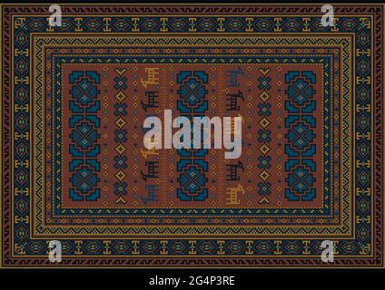 Luxurious vintage rug in brown and blue with yellow and gray patterns with stylized deer and flowers on a black background. Stock Vector