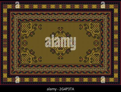 Vintage rug in beige tones with a delicate swirling pattern in the center, as well as red, blue and black patterns around the edges against a black ba Stock Vector