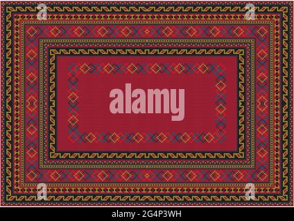 Luxurious vintage carpet in red shades with blue, bluish, brown and beige patterns on white background Stock Vector