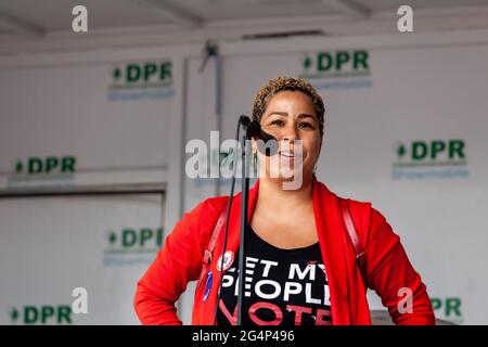 Washington, DC, USA, 22 June, 2021.  Pictured: Dyana Forester, President of the Metro Washington Council AFL-CIO, speaks at a rally demanding statehood for DC as a matter of racial justice due to the city’s large proportion of Black residents (47%).  Credit: Allison Bailey / Alamy Live News Stock Photo