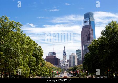 Philadelphia skyline seen through a corridor of trees. Stock Photo