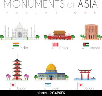 Monuments of Asia in cartoon style Volume 1: Taj Mahal (India), Forbidden City (China), Petra (Jordan), Gojunoto Pagoda (Japan), Dome of the Rock (Isr Stock Vector