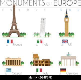 Monuments of Europe in cartoon style Volume 1: Eiffel Tower (France), Pisa Leaning Tower (Italy), Big Ben (UK), Parthenon (Greece), Colosseum (Italy) Stock Vector