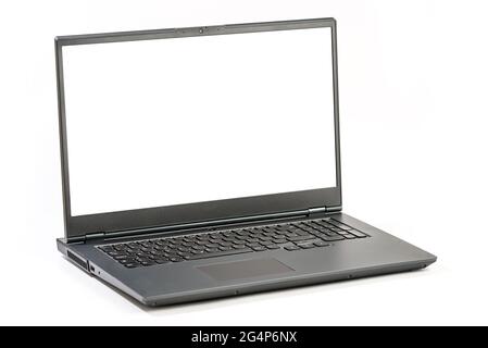 Large open Laptop  isolated on white background - Side view with clipping paths for Laptop and Screen Stock Photo