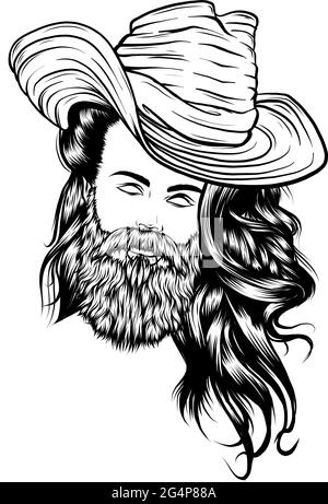 Bearded cowboy in a hat. Cool American man Stock Vector