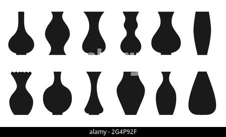 Vases black silhouette symmetrical vector flat set isolated on white background. Icons for mobile app and websites. For posters, banners, advertisements, logos. Design element, decor object. Stickers Stock Vector