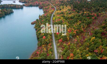 Aerial views of Trans Canada hiking trails in the autumn landscape in Halifax, Nova Scotia. Aerial views of the longest trail in the world. Stock Photo