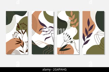 Multicolored abstract spots with leaves and herbs. A set of templates. Stock Vector