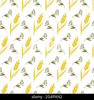 Pattern with meadow grass and yellow ears. Vector illustration isolated on white background Stock Vector