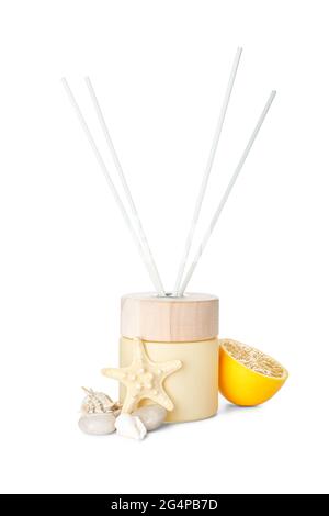 Reed diffuser and sea shells on mint background. Vertical photo. Top ...