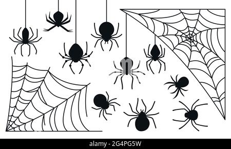 Cobweb and spider Halloween black silhouette set. Spooky scary spiders web dangerous flat collection. Happy Halloween web horror decoration. Venomous or dangerous arachnid vector Stock Vector