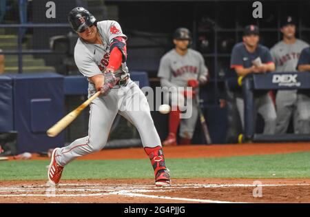 St. Petersburg, United States. 22nd June, 2021. Boston Red Sox's Xander  Bogaerts (L) and Hunter Renfroe celebrate a 9-5 win over the Tampa Bay Rays  in 11 innings during a baseball game