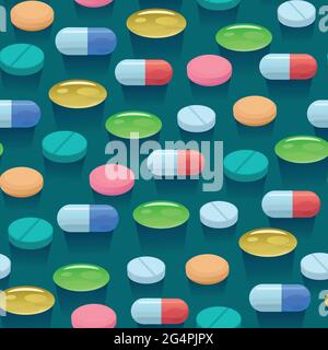 Seamless pattern with colorful bright pills and capsules. Stock Vector