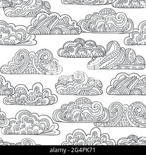 Seamless pattern with doodle ornate black and white mandala clouds. Hand drawn vector illustration. Stock Vector