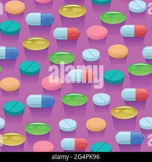 Seamless pattern with colorful bright pills and capsules. Stock Vector