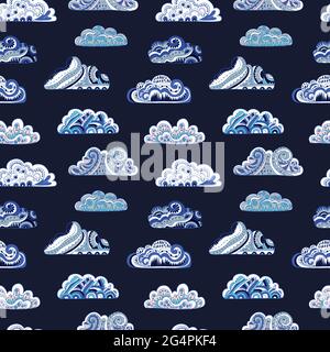 Seamless pattern with doodle ornate mandala clouds. Hand drawn vector illustration. Stock Vector