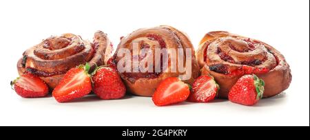 Delicious buns with strawberry on white background Stock Photo