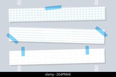 Pieces white paper with blue lined. Horizontal templates checkered or line sheet. Copybook sheet with dotted and grid patterns. Memo paper with scotch tape. School notebook paper. Vector illustration Stock Vector