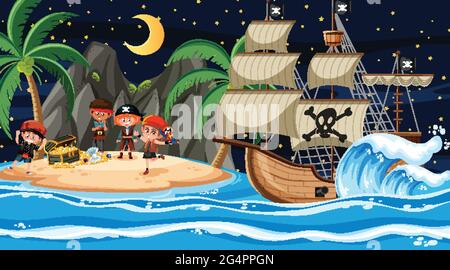 Treasure Island scene at night with Pirate kids illustration Stock ...