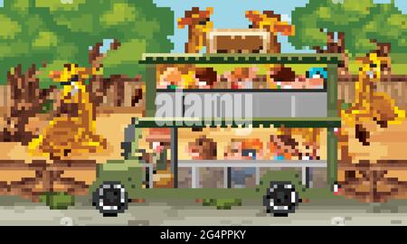 Safari scene with many giraffes and kids on tourist car illustration Stock Vector