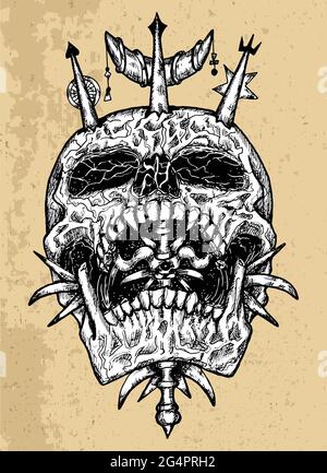 Textured black and white scary illustration of vector skull with wand and magic symbols. Mystic isolated drawing for Halloween with esoteric, gothic, Stock Vector