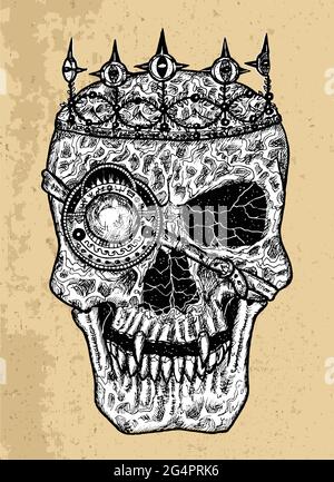 Textured black and white scary illustration of vector skull of king wearing crown. Mystic isolated drawing for Halloween with esoteric, gothic, occult Stock Vector