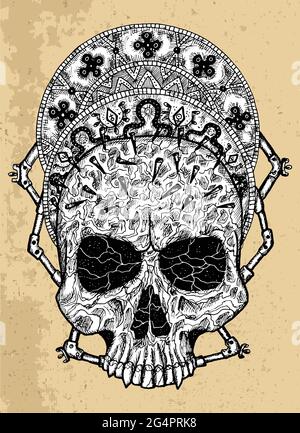 Textured black and white scary illustration of vector skull with decorated crown. Mystic isolated drawing for Halloween with esoteric, gothic, occult Stock Vector